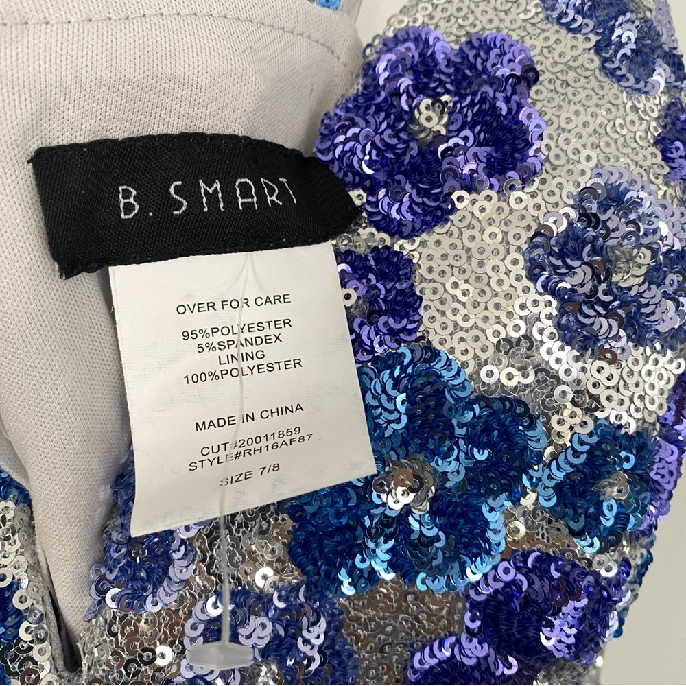 Silver Sequin Blue Floral Side Slit Formal Evening Dress size 7/8 - Picture 5 of 6